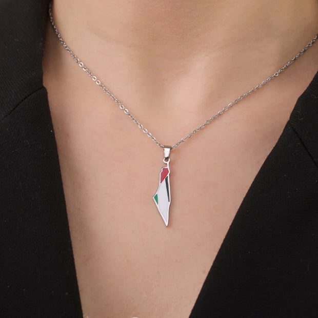 Palestine Map Flag Pendant Necklace for Women Men Stainless Steel Map Geography