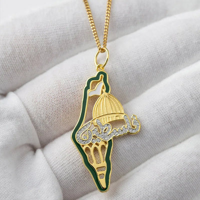 Stainless Steel Dome Al Aqsa Mosque Zircon Pendant Necklace Geometric Map Arabic Letter  Charm Jewelr